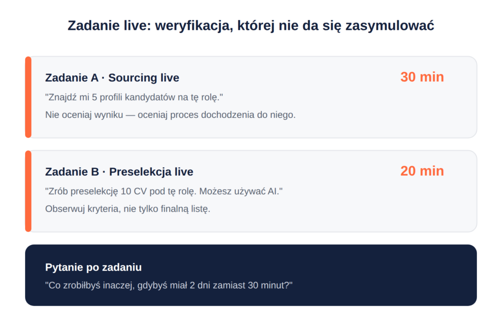 Dwa zadania live do weryfikacji rekrutera AI-native: sourcing i preselekcja